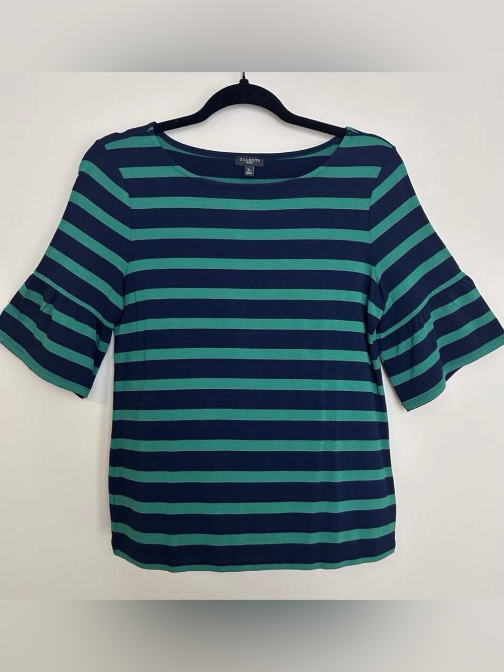 Talbots Top Women’s Small Petite Striped Green Navy Blue 3/4 Bell Sleeve Coastal